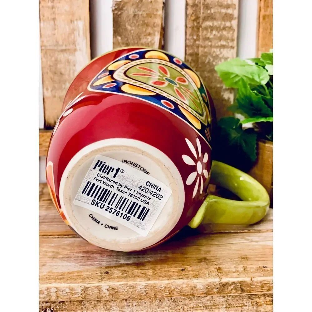 NWT Gorgeous Pier 1 Red Blue Ironstone MEXICALI Floral Rustic Coffee Mug - Picture 2 of 16